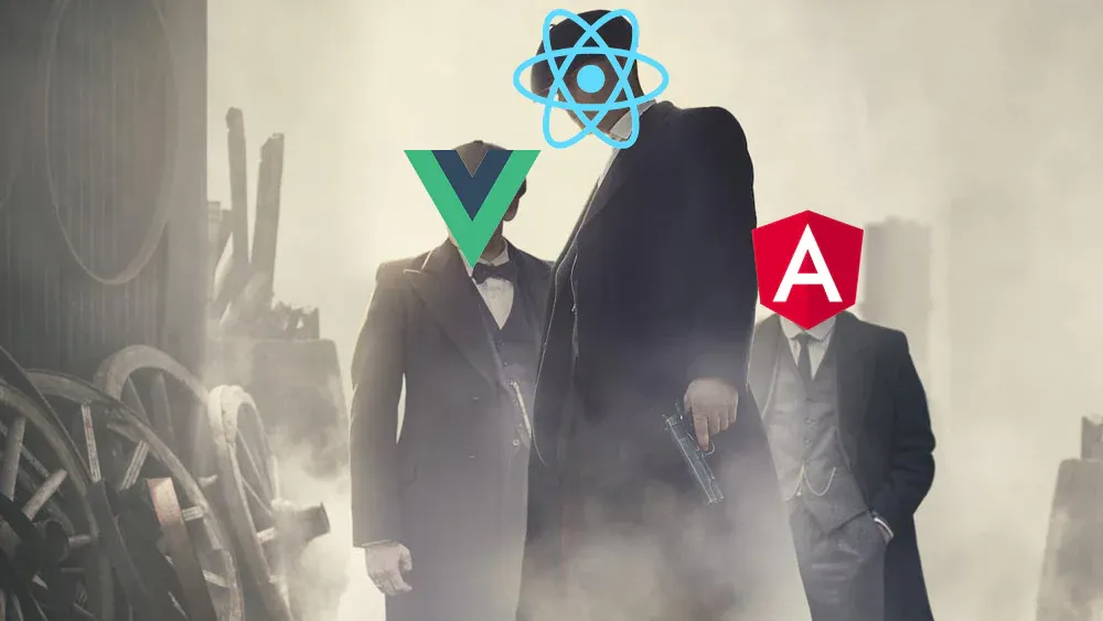 Three men in old-fashioned suits walking through smoke, their faces replaced by the Vue, React and Angular logos