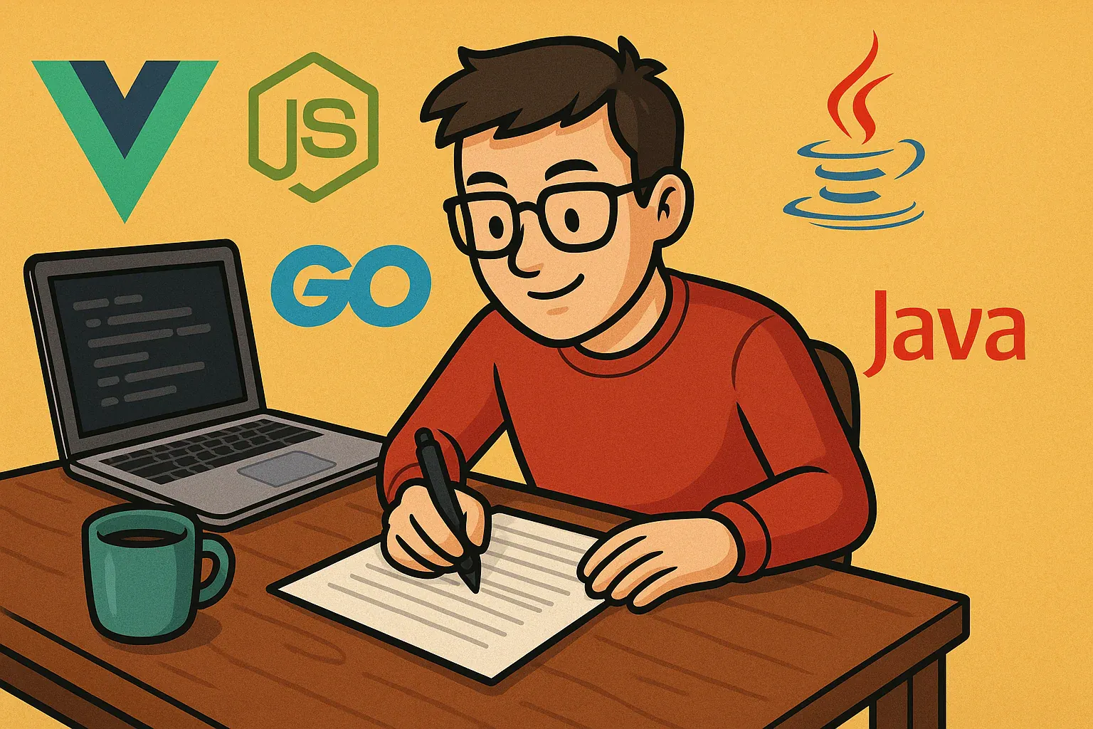 Illustration of a smiling developer with glasses writing on paper at a desk with a laptop and coffee, surrounded by Vue, Node.js, Go and Java logos