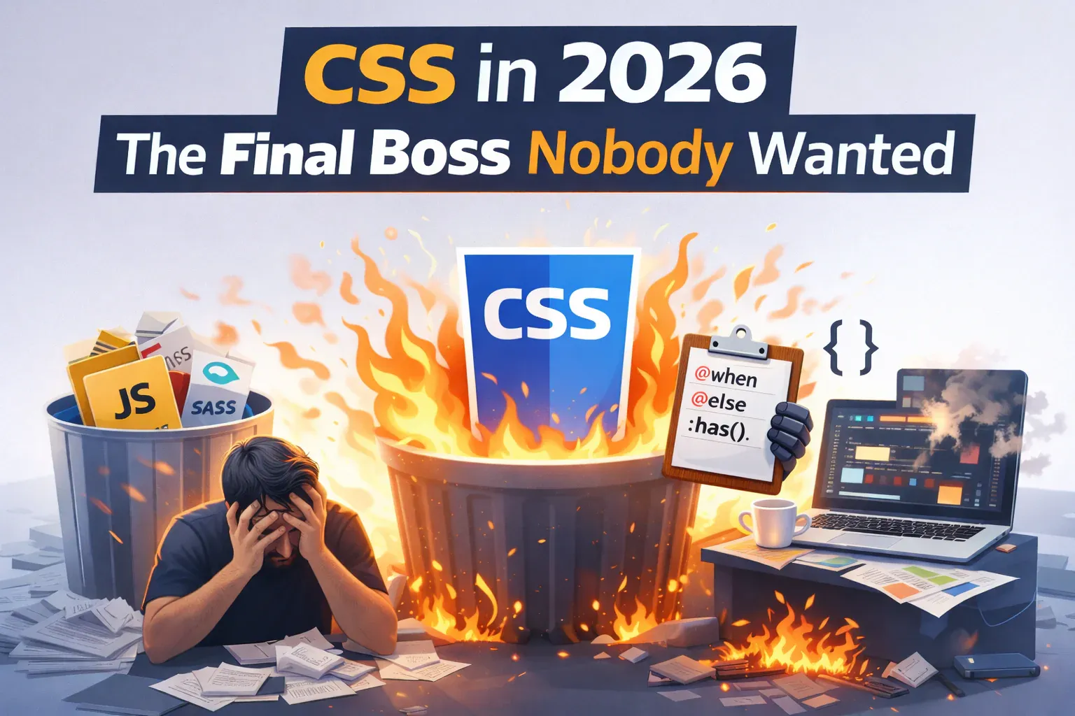 Illustration titled CSS in 2026: The Final Boss Nobody Wanted, with a stressed developer, a JS and Sass trash can, and a burning CSS logo