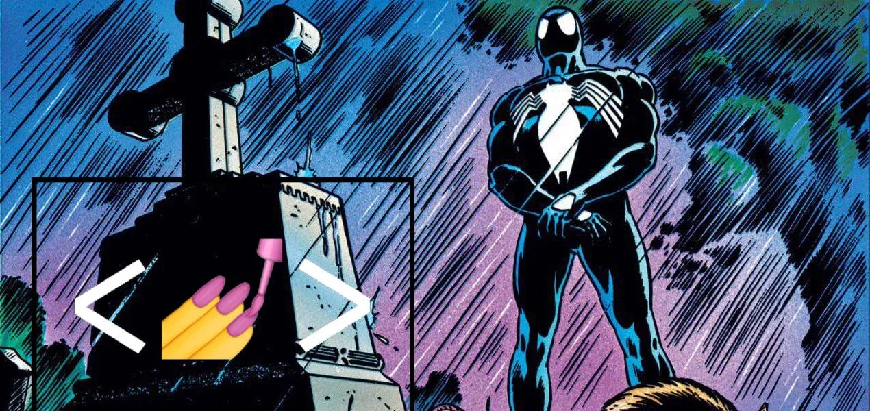 Comic panel of Spider-Man in his black suit standing in the rain beside a grave whose headstone carries the styled-components nail polish logo