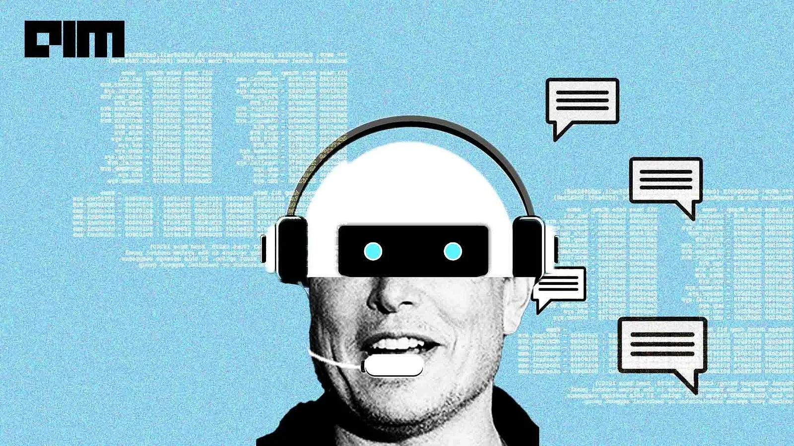 Collage of a black-and-white man’s face with a white robot helmet, glowing eyes and a headset, on a blue background of code with chat bubbles