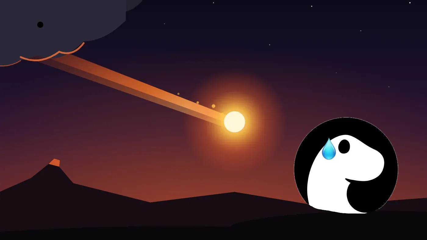 Illustration of the Deno dinosaur logo, a sweat drop on its head, watching a glowing meteor streak toward it over volcanic hills, a dinosaur-extinction joke