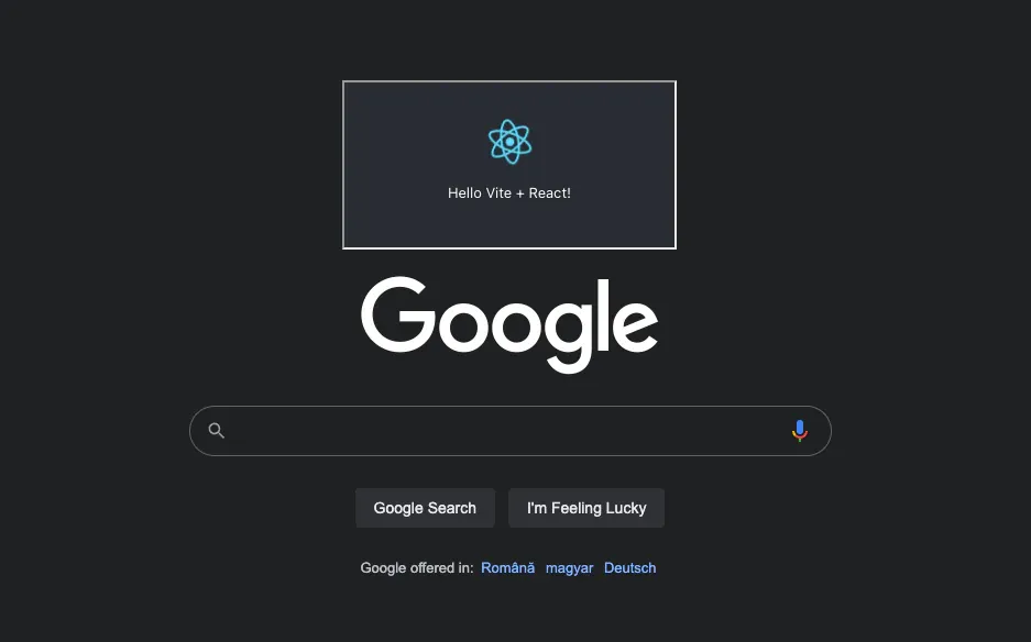 Google homepage in dark mode with a small React extension panel injected above the logo reading Hello Vite + React!