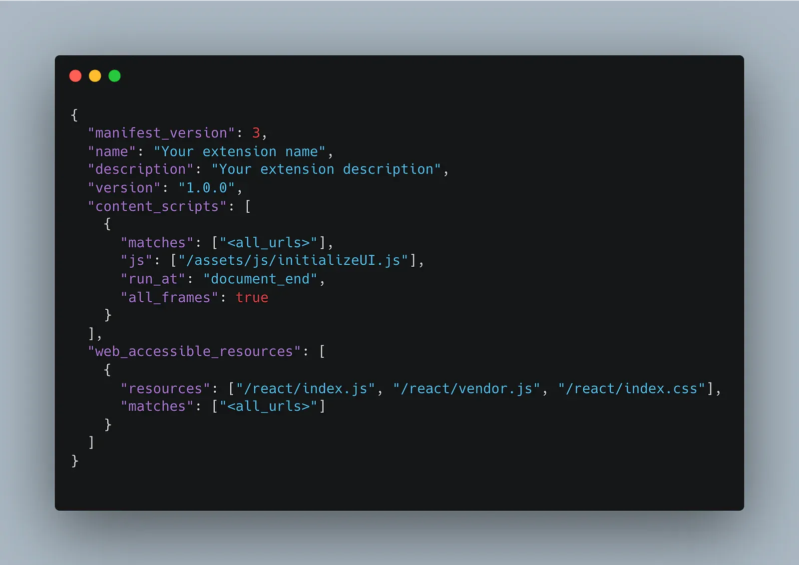 Code screenshot of a Manifest V3 manifest.json with a content script loading initializeUI.js on all URLs and React build files as web accessible resources