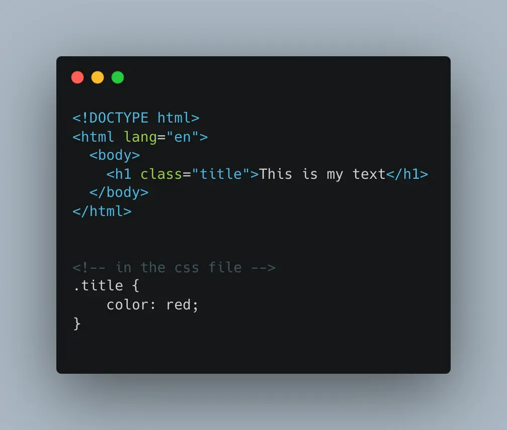 Code screenshot of the HTML example with class title on the h1, plus a CSS rule setting .title color to red