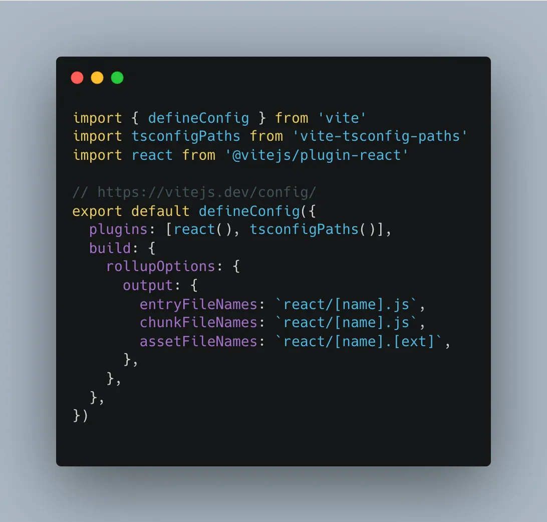 Code screenshot of vite.config.ts setting Rollup output entry, chunk and asset file names to fixed react/ paths without hashes