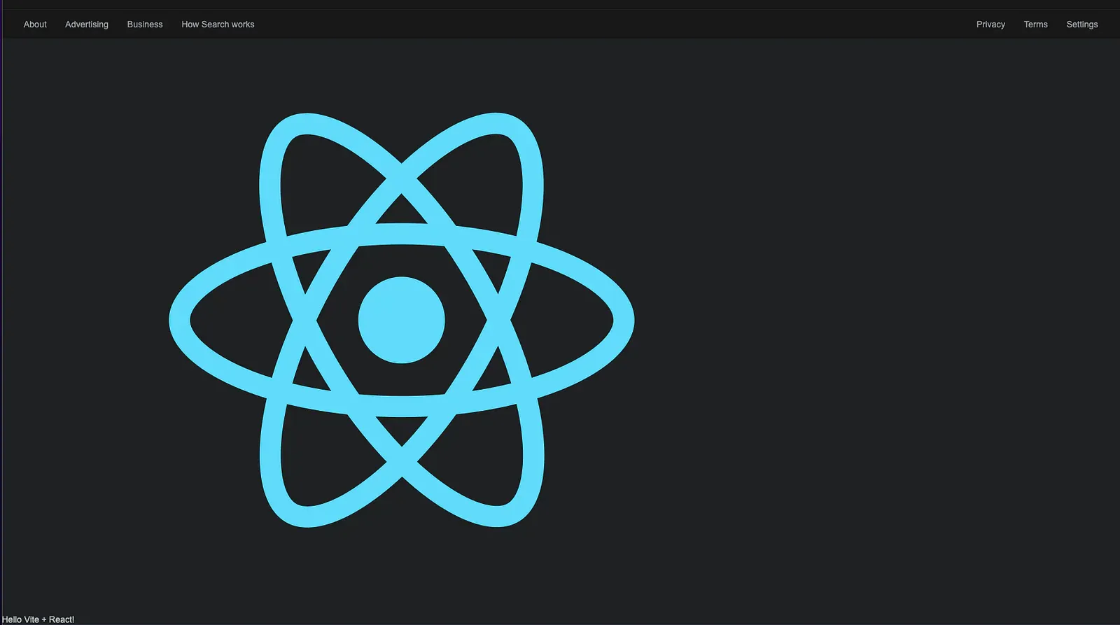 Google page footer links with a huge React logo and unstyled Hello Vite + React! text, showing the extension’s CSS clashing with the page