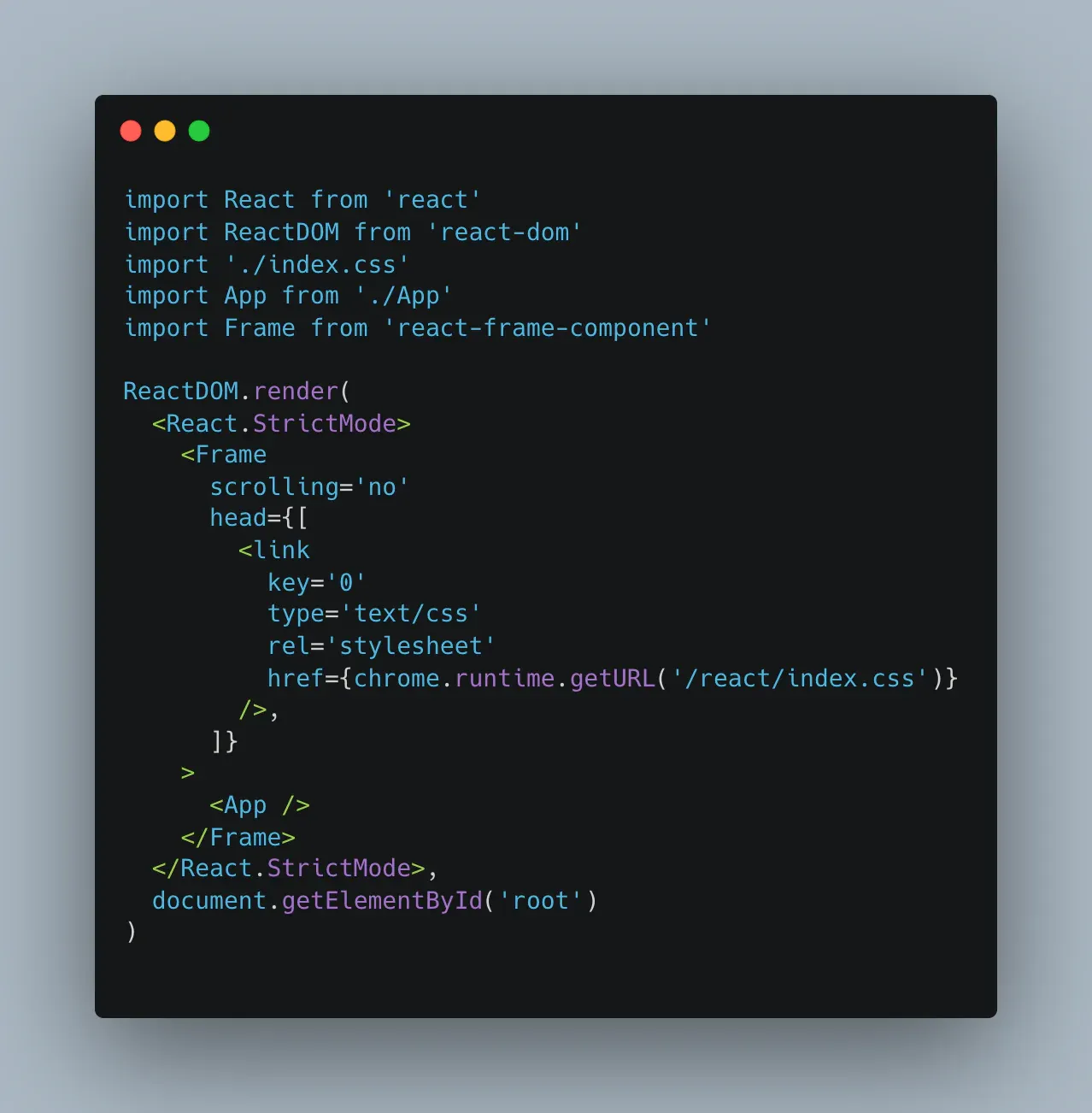 Code screenshot of main.tsx rendering the App inside a react-frame-component Frame that loads the extension’s index.css through chrome.runtime.getURL