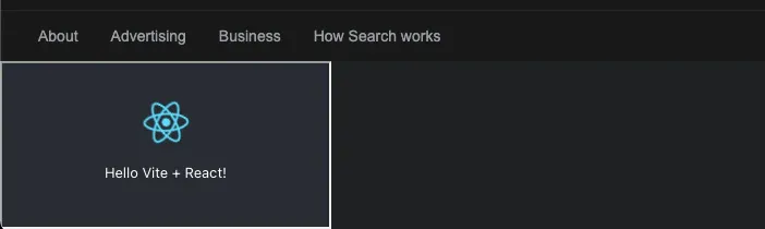 Google footer with the React extension now shown as a small, correctly styled panel reading Hello Vite + React!, isolated in an iframe
